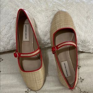 ANTONIO MELANI Ruth raffia Mary Jane flats, Tan and orange.